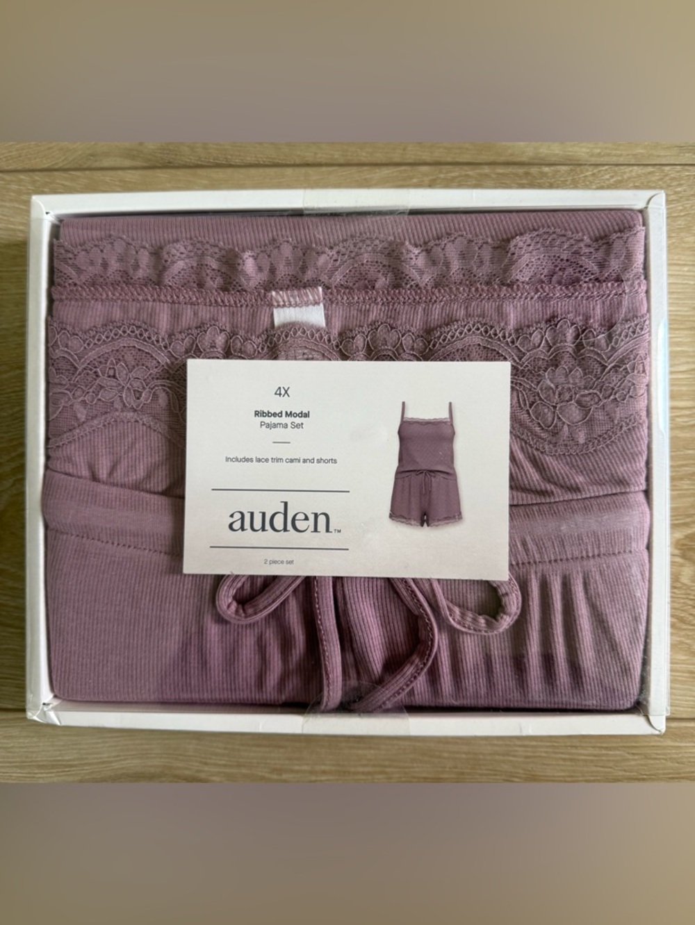 Auden Ribbed Modal Pajama Set Women’s 4X Mauve 2-Piece Lace Trim NWT